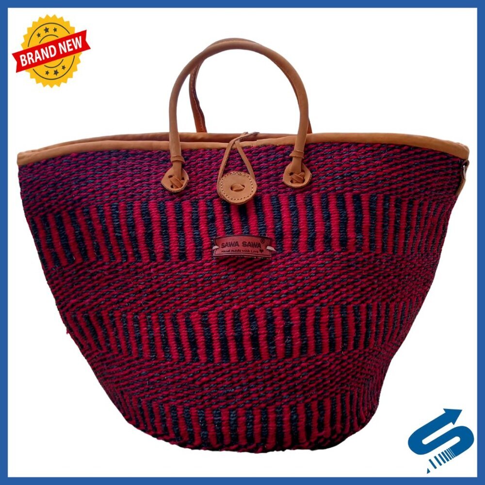 Handwoven Sisal Tote Bag Leather Handles Button Closure Boho Summer Beach Purse